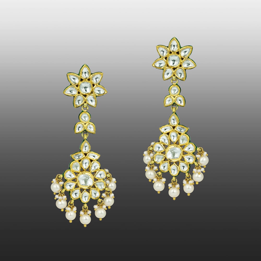 Ivory Floral Polki Earrings with Pearl Clusters
